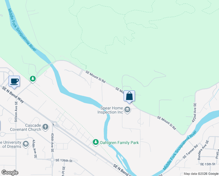 map of restaurants, bars, coffee shops, grocery stores, and more near 44220 Southeast Mount Si Road in North Bend