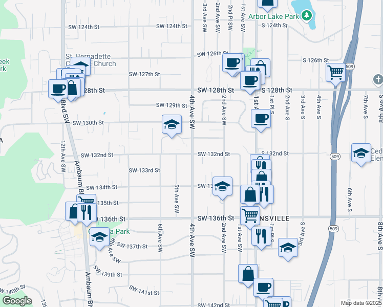 map of restaurants, bars, coffee shops, grocery stores, and more near 402 Southwest 132nd Street in Burien