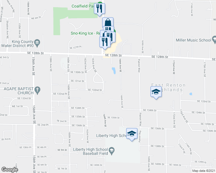 map of restaurants, bars, coffee shops, grocery stores, and more near 13030 164th Avenue Southeast in Renton