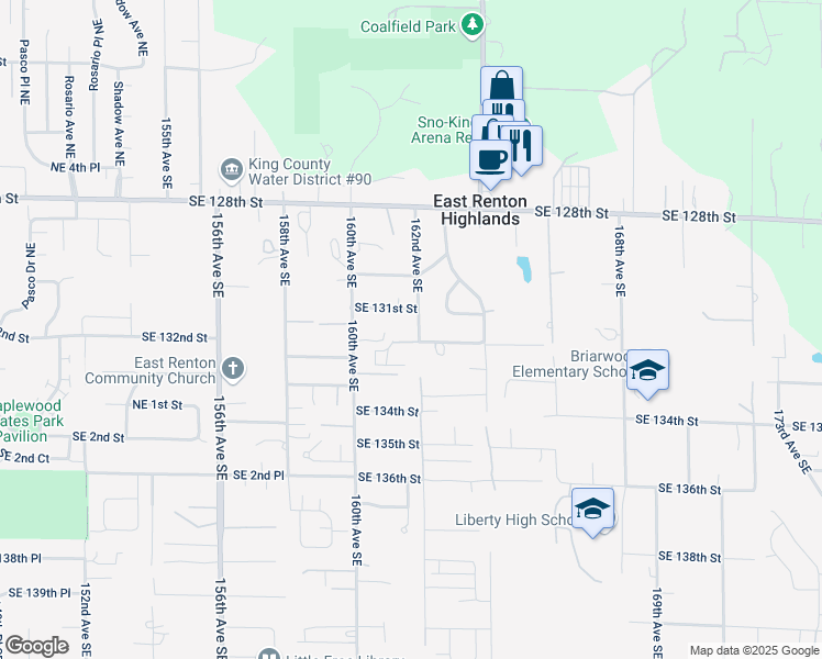 map of restaurants, bars, coffee shops, grocery stores, and more near 16044 Southeast 131st Street in Renton