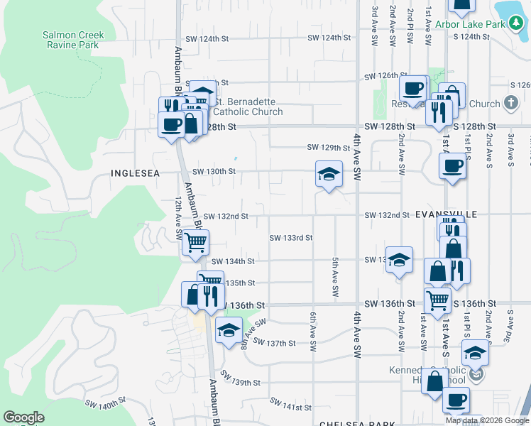 map of restaurants, bars, coffee shops, grocery stores, and more near 802 Southwest 132nd Street in Burien