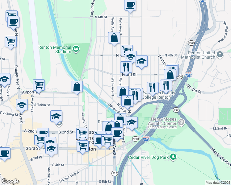 map of restaurants, bars, coffee shops, grocery stores, and more near 217 Pelly Avenue North in Renton