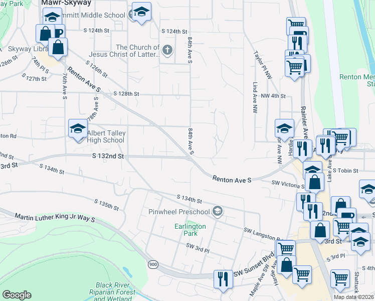 map of restaurants, bars, coffee shops, grocery stores, and more near 13076 Renton Avenue South in Seattle