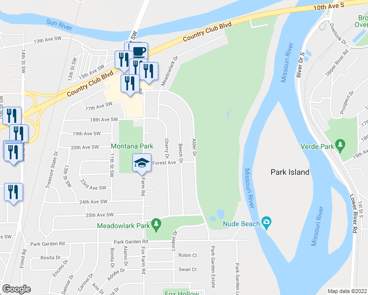 map of restaurants, bars, coffee shops, grocery stores, and more near 1833 Beech Drive in Great Falls