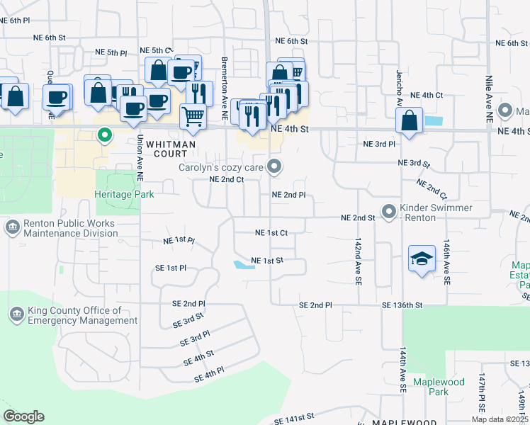 map of restaurants, bars, coffee shops, grocery stores, and more near 202 Chelan Court Northeast in Renton