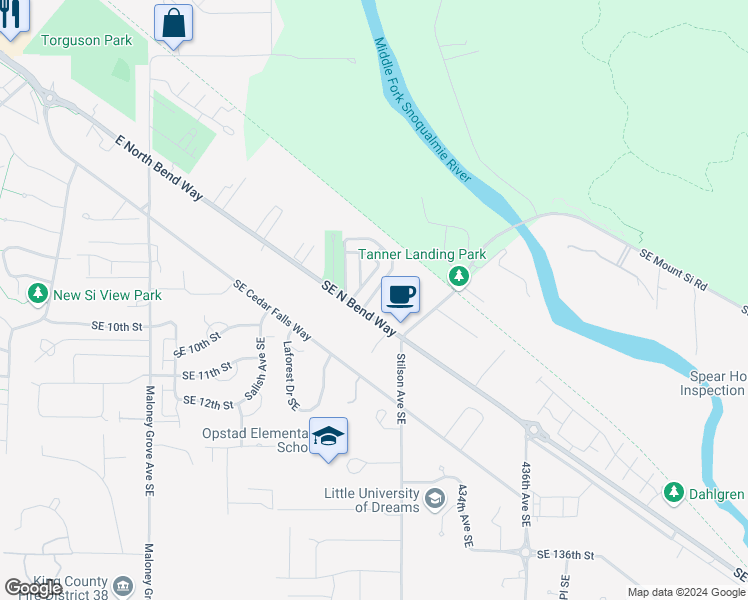 map of restaurants, bars, coffee shops, grocery stores, and more near 43010 Southeast North Bend Way in North Bend