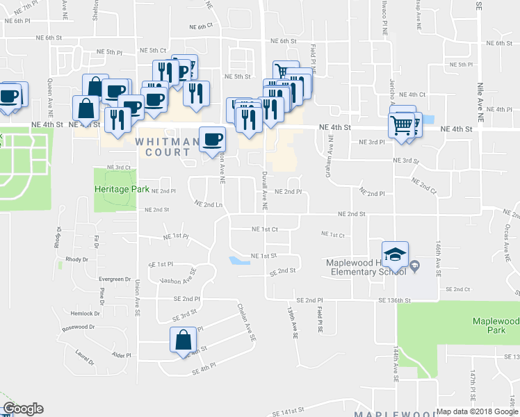 map of restaurants, bars, coffee shops, grocery stores, and more near 202 Chelan Court Northeast in Renton