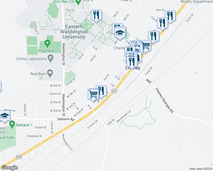 map of restaurants, bars, coffee shops, grocery stores, and more near 21 3rd Street in Cheney