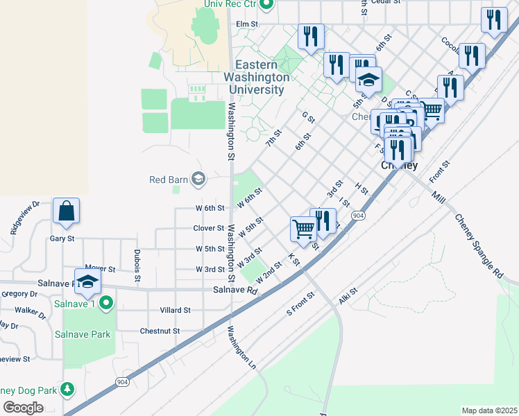 map of restaurants, bars, coffee shops, grocery stores, and more near 119 West 6th Street in Cheney