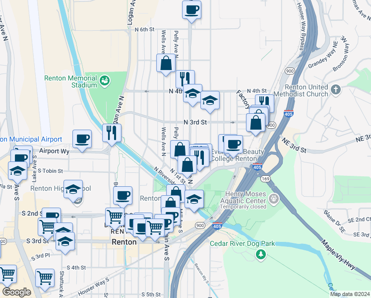map of restaurants, bars, coffee shops, grocery stores, and more near 216 Park Avenue North in Renton