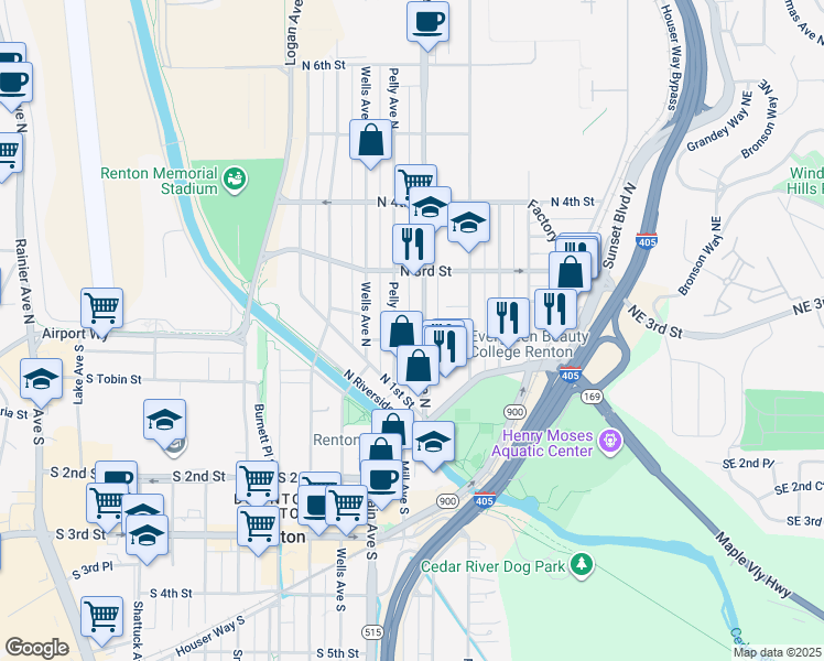 map of restaurants, bars, coffee shops, grocery stores, and more near 216 Park Avenue North in Renton