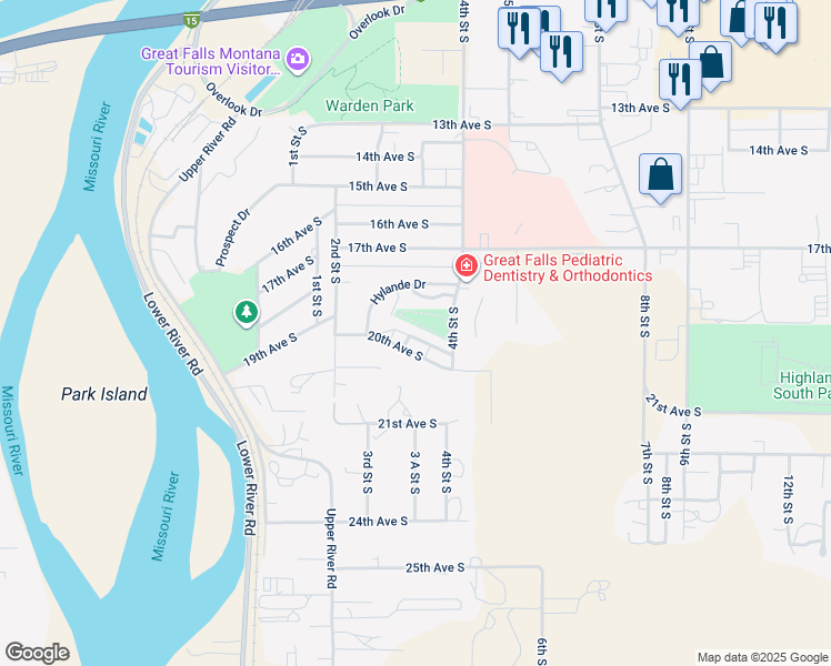 map of restaurants, bars, coffee shops, grocery stores, and more near 309 Heather Lane in Great Falls
