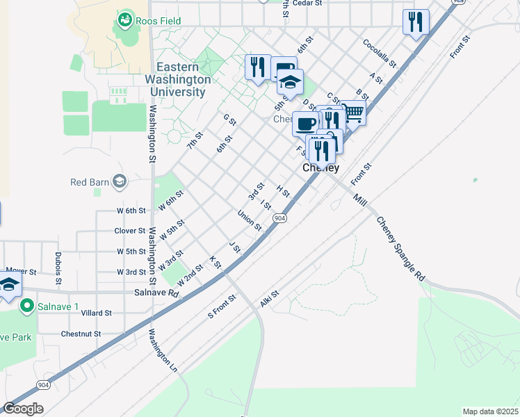 map of restaurants, bars, coffee shops, grocery stores, and more near 109 2nd Street in Cheney