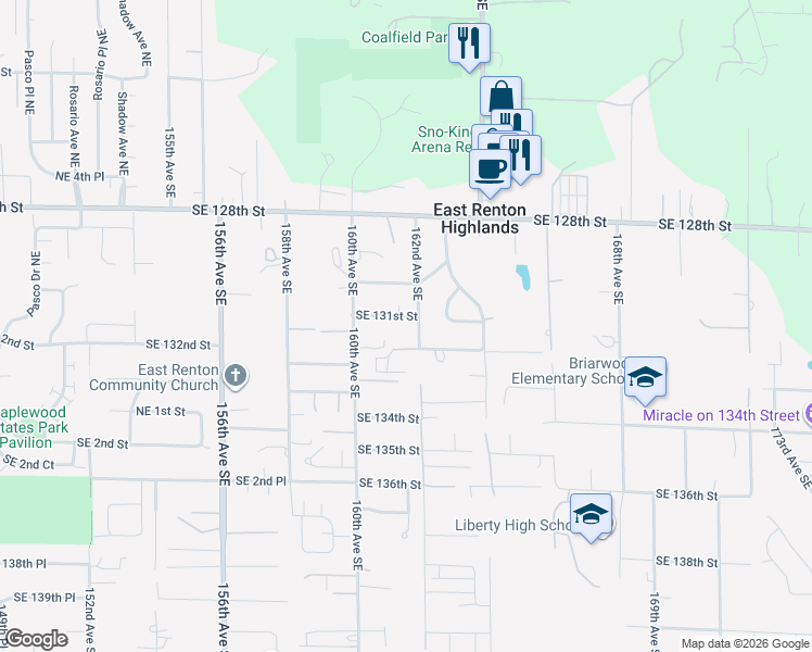 map of restaurants, bars, coffee shops, grocery stores, and more near 16044 Southeast 131st Street in Renton