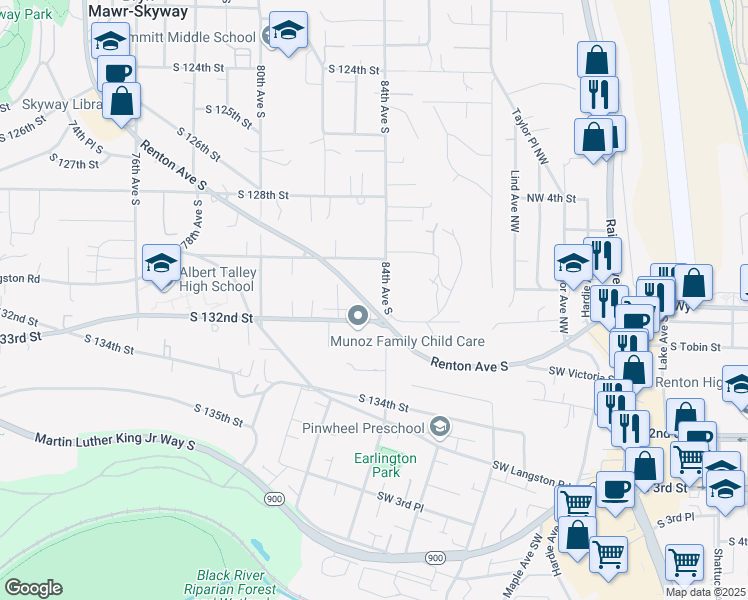 map of restaurants, bars, coffee shops, grocery stores, and more near 13033 84th Avenue South in Seattle