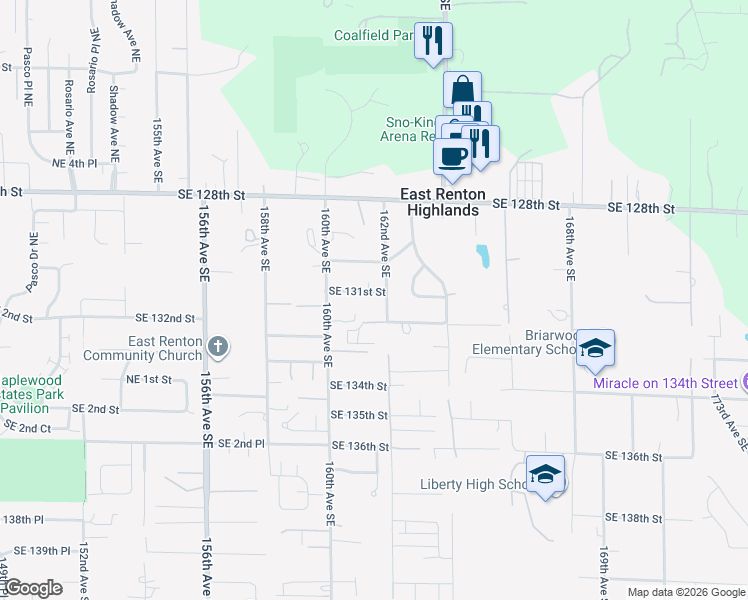 map of restaurants, bars, coffee shops, grocery stores, and more near 16044 Southeast 131st Street in Renton