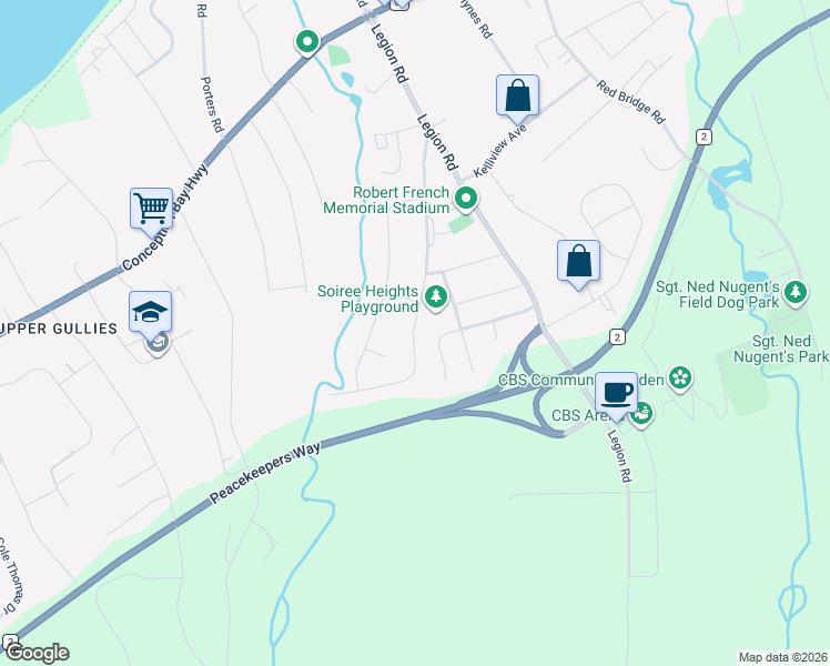 map of restaurants, bars, coffee shops, grocery stores, and more near 72 Hibbs Road in Conception Bay South
