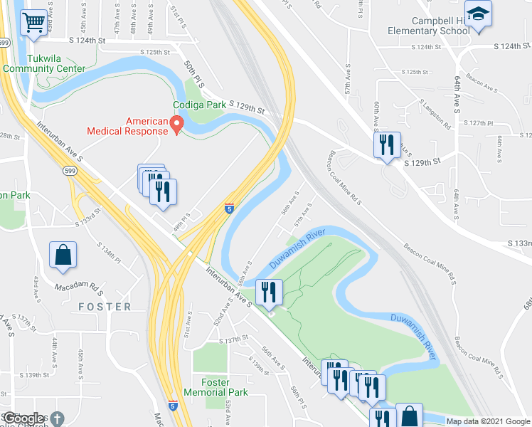 map of restaurants, bars, coffee shops, grocery stores, and more near 13301 56th Avenue South in Tukwila