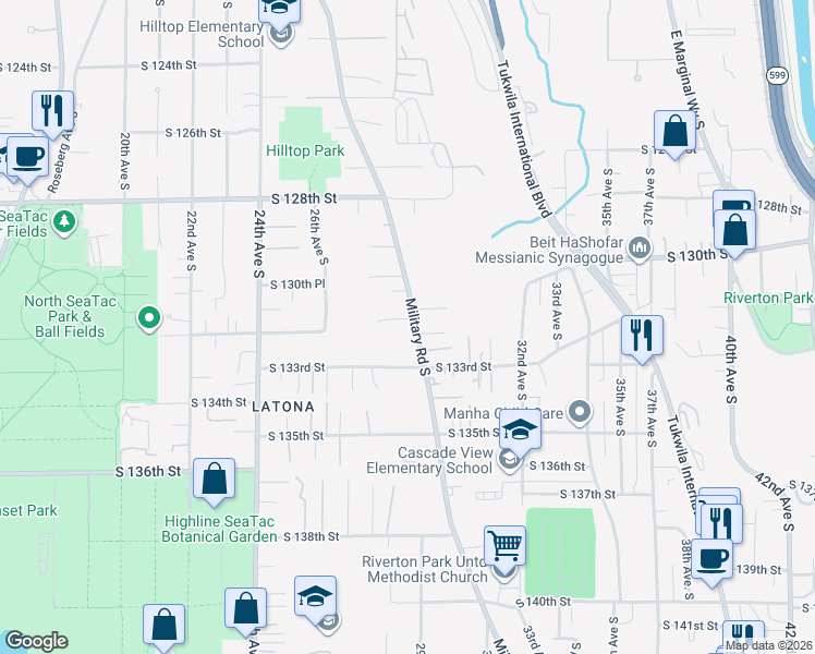 map of restaurants, bars, coffee shops, grocery stores, and more near 2731 South 131st Street in SeaTac