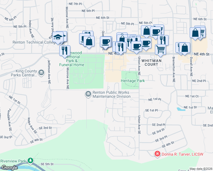 map of restaurants, bars, coffee shops, grocery stores, and more near 201 Union Avenue Southeast in Renton