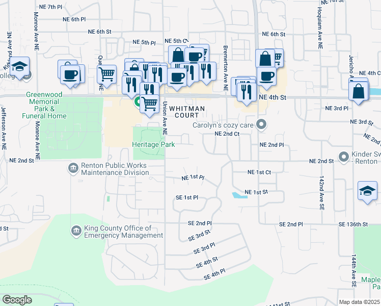 map of restaurants, bars, coffee shops, grocery stores, and more near 215 Whitman Place Northeast in Renton