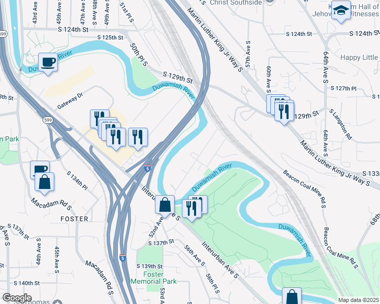 map of restaurants, bars, coffee shops, grocery stores, and more near 13301 56th Avenue South in Tukwila
