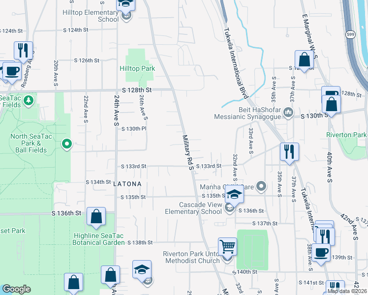 map of restaurants, bars, coffee shops, grocery stores, and more near 2731 South 131st Street in SeaTac