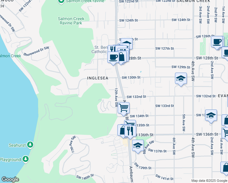 map of restaurants, bars, coffee shops, grocery stores, and more near 1218 Southwest 130th Lane in Burien
