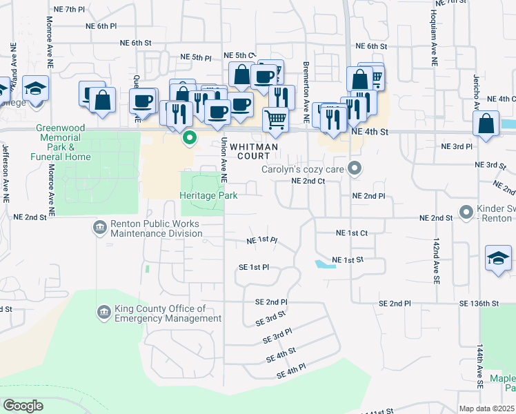 map of restaurants, bars, coffee shops, grocery stores, and more near 215 Whitman Place Northeast in Renton