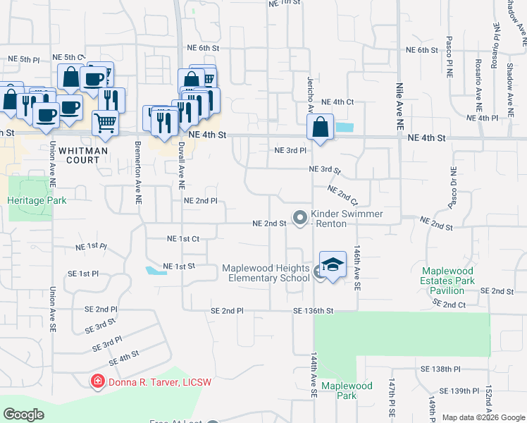 map of restaurants, bars, coffee shops, grocery stores, and more near 5008 Northeast 2nd Street in Renton