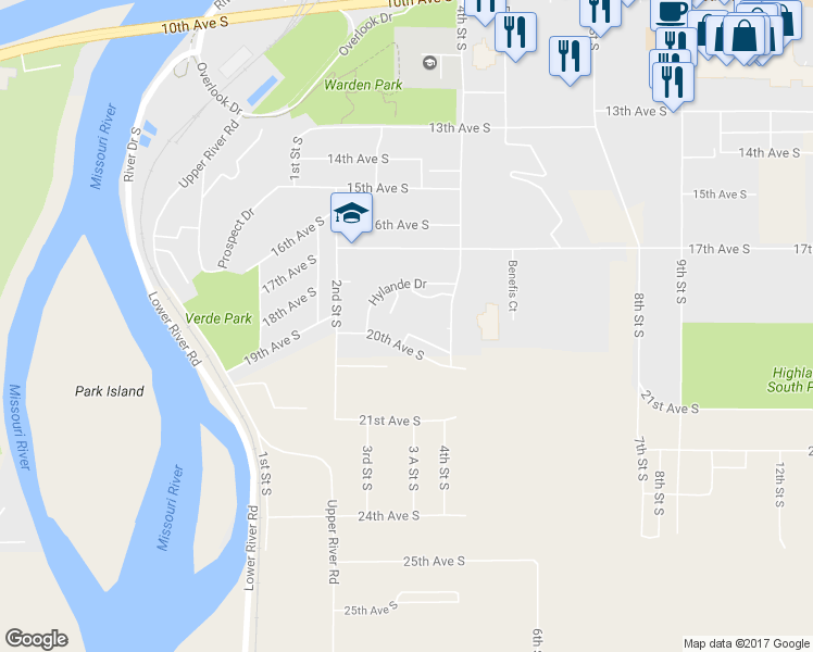map of restaurants, bars, coffee shops, grocery stores, and more near 309 Heather Lane in Great Falls