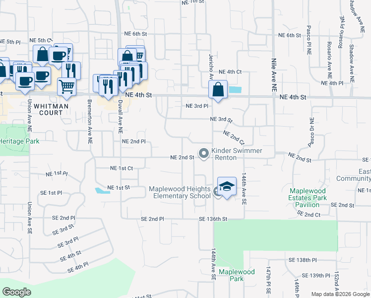 map of restaurants, bars, coffee shops, grocery stores, and more near 212 Hoquiam Avenue Northeast in Renton