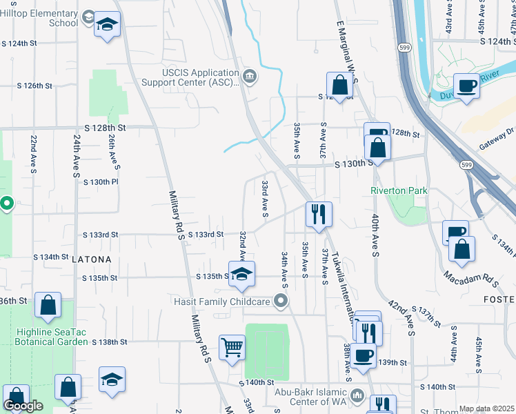 map of restaurants, bars, coffee shops, grocery stores, and more near 13045 33rd Avenue South in Tukwila