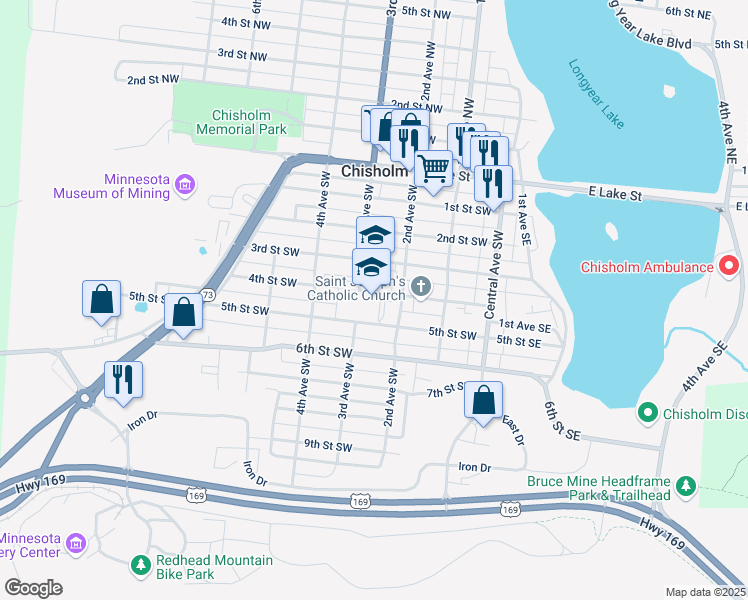 map of restaurants, bars, coffee shops, grocery stores, and more near 301 4th Street Southwest in Chisholm