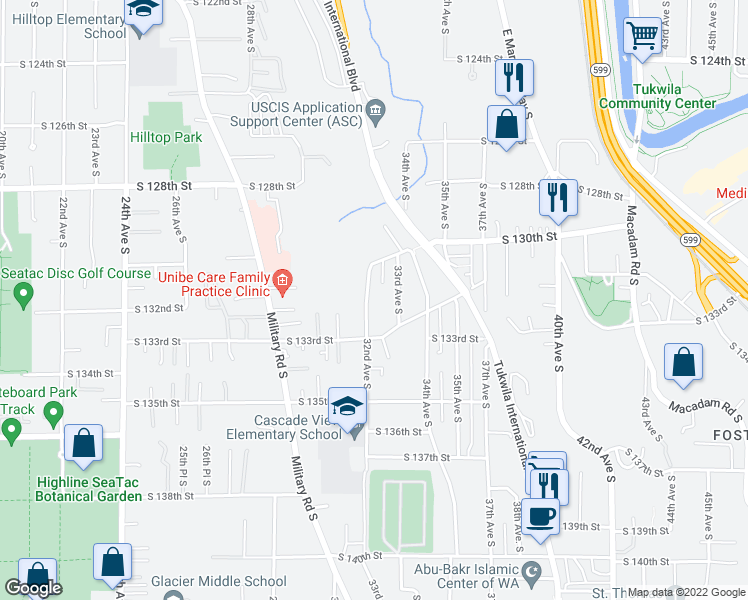 map of restaurants, bars, coffee shops, grocery stores, and more near 13032 32nd Avenue South in Seattle