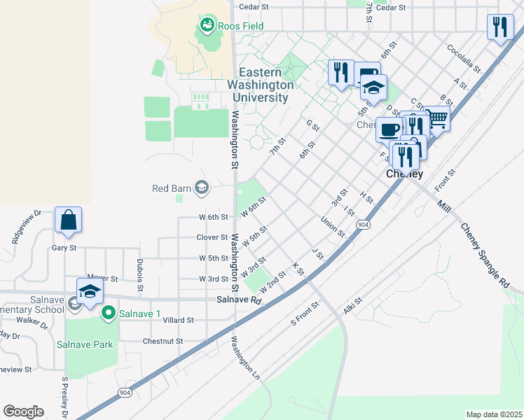 map of restaurants, bars, coffee shops, grocery stores, and more near 119 West 6th Street in Cheney