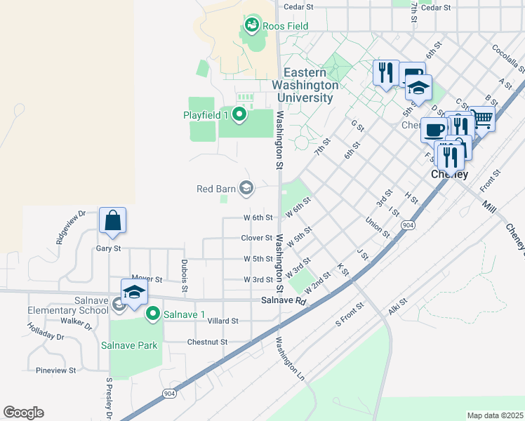 map of restaurants, bars, coffee shops, grocery stores, and more near 536 West 6th Street in Cheney