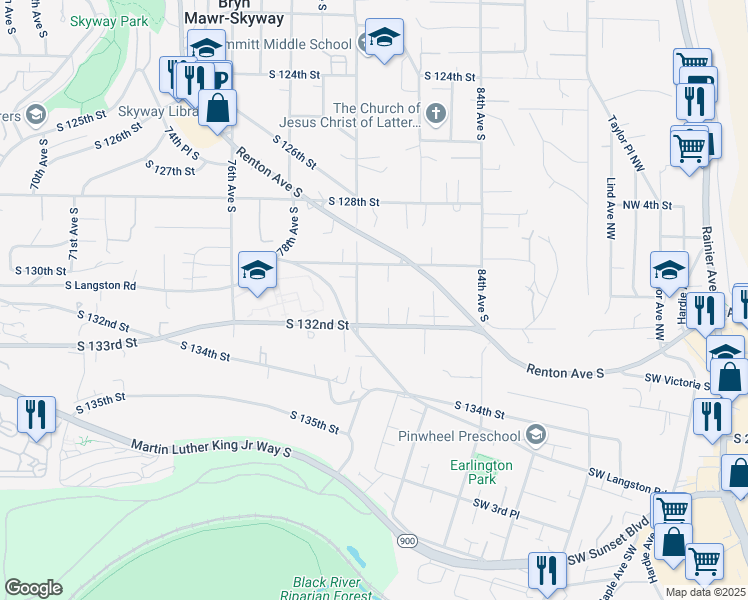 map of restaurants, bars, coffee shops, grocery stores, and more near 8031 South 130th Street in Seattle