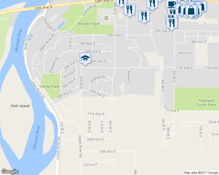 map of restaurants, bars, coffee shops, grocery stores, and more near 1900 4th Street South in Great Falls
