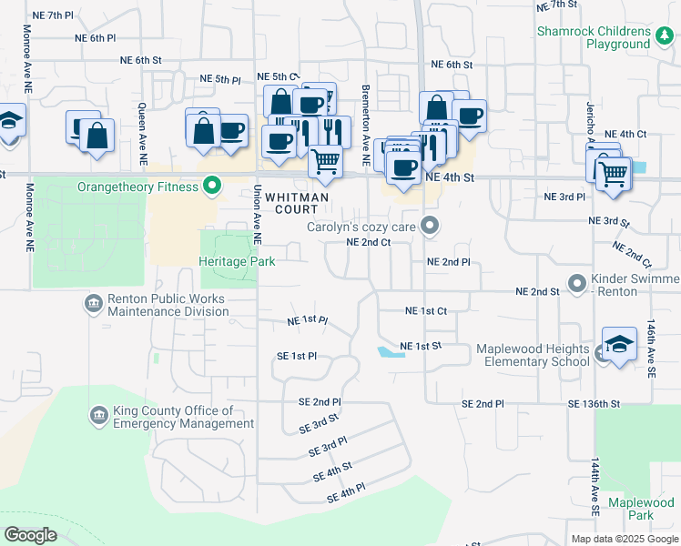 map of restaurants, bars, coffee shops, grocery stores, and more near 4410 Northeast 2nd Lane in Renton
