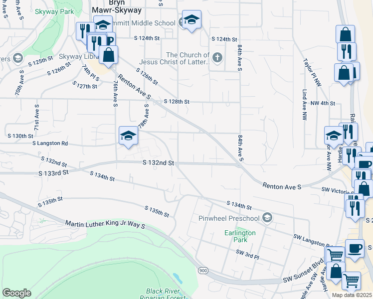 map of restaurants, bars, coffee shops, grocery stores, and more near 8031 South 130th Street in Seattle