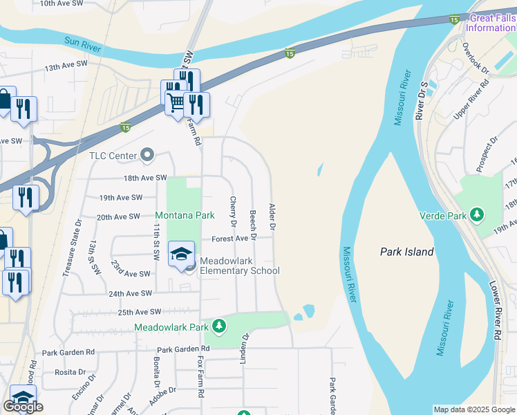 map of restaurants, bars, coffee shops, grocery stores, and more near 1829 Beech Drive in Great Falls