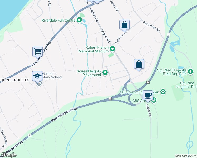 map of restaurants, bars, coffee shops, grocery stores, and more near 72 Hibbs Road in Conception Bay South