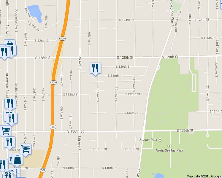 map of restaurants, bars, coffee shops, grocery stores, and more near 13115 12th Avenue South in Burien