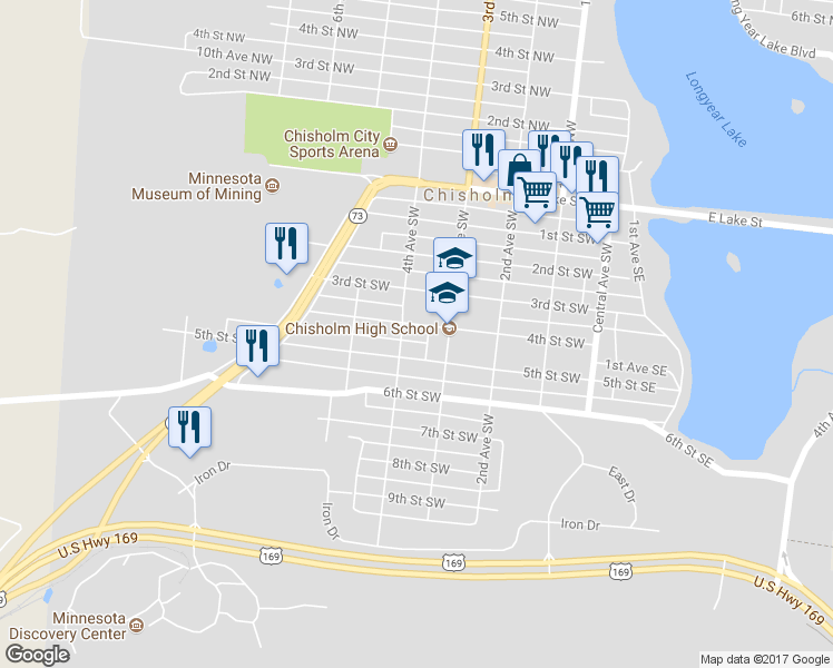 map of restaurants, bars, coffee shops, grocery stores, and more near 325 4th Street Southwest in Chisholm