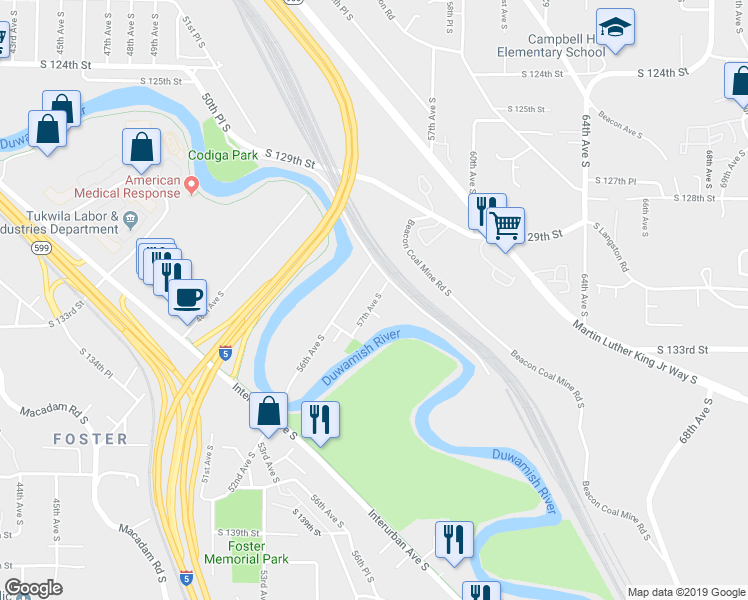 map of restaurants, bars, coffee shops, grocery stores, and more near 13013 57th Avenue South in Tukwila