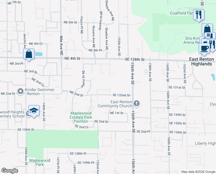 map of restaurants, bars, coffee shops, grocery stores, and more near 221 Shadow Avenue Northeast in Renton