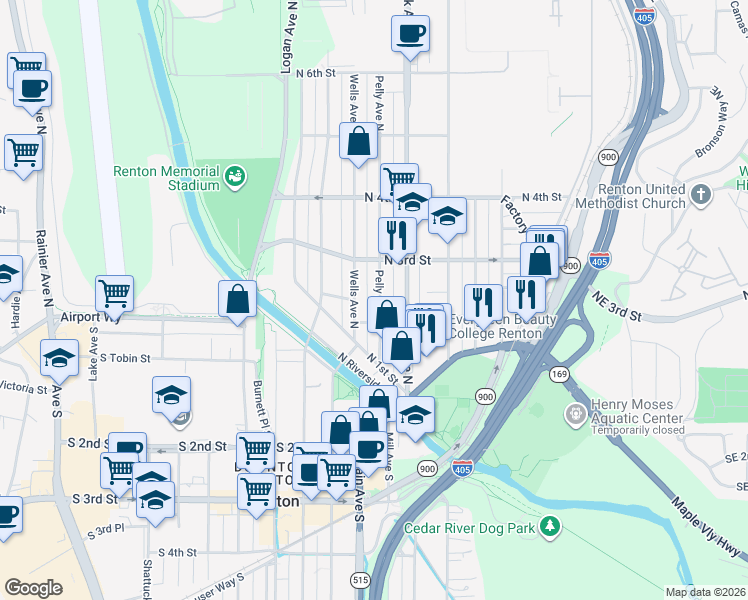map of restaurants, bars, coffee shops, grocery stores, and more near 217 Pelly Avenue North in Renton