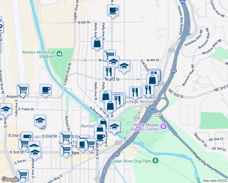 map of restaurants, bars, coffee shops, grocery stores, and more near 216 Park Avenue North in Renton