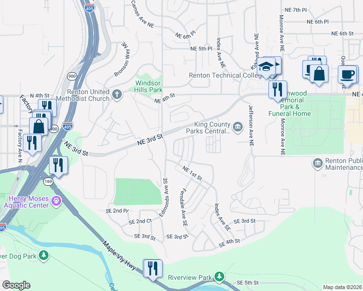 map of restaurants, bars, coffee shops, grocery stores, and more near 239 Ferndale Court Northeast in Renton